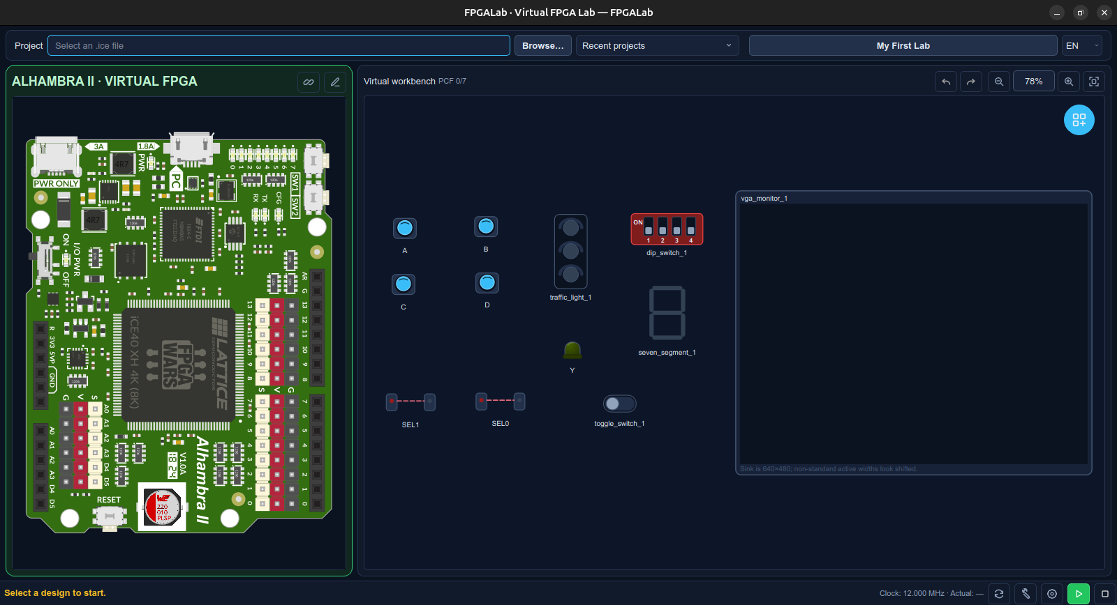 FPGALab showing the Alhambra II board and virtual peripheral workbench